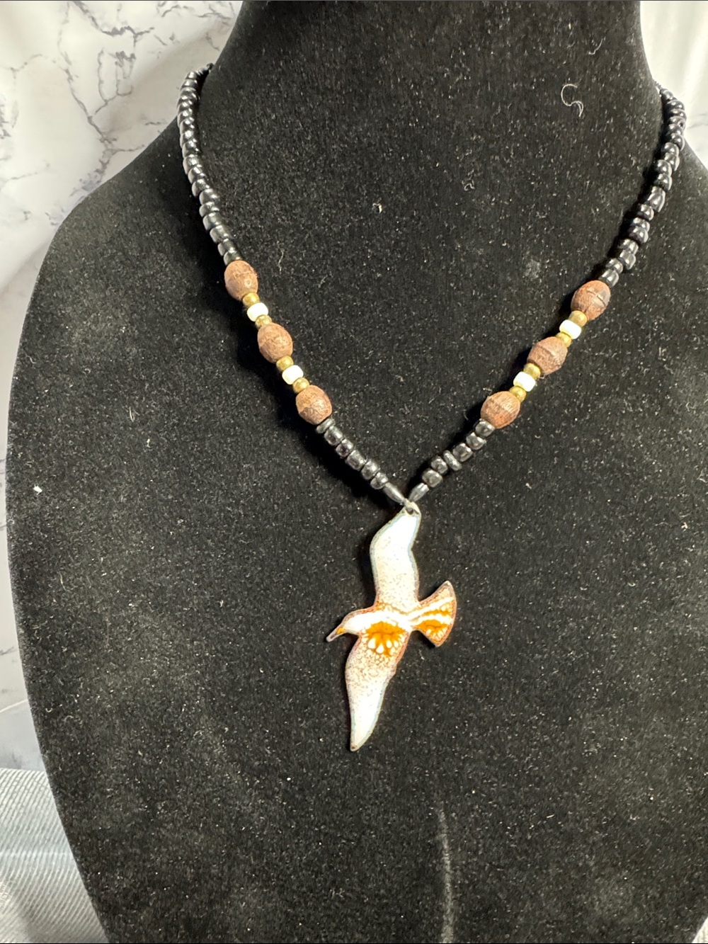 Vintage Source Unknown Brown & Black Seagull Pendant Necklace